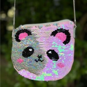 Bag Kids Girls Panda Face  Shoulder Snake Chain Reversible Sequins Pink Silver